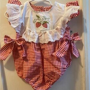 Red Gingham Strawberry Embroidered Kids One Piece
